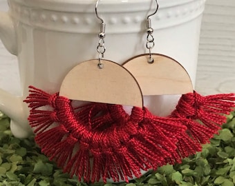 Red Fringe Earrings - dangle statement wood favor gift hoop boho handmade jewelry