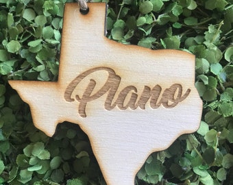 Plano Texas Tag Ornament - City hometown TX souvenir keepsake memory state 2020 wood laser engraved skyline welcome gift home Ft Worth