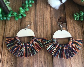 Fall Fringe Earrings - dangle statement wood favor gift hoop boho wine navy cream off white burnt orange green sage