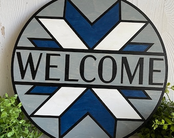 Welcome wood sign - Welcome  Quilt style finished black gray blue white stained door hanger wall decor craft supply round wreath sign