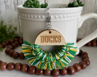 Ducks earrings - dangle statement fringe wood green yellow gold High School Pop Warner Flag Sports volleyball