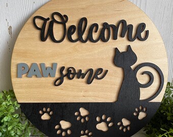 Cat wood sign - Cat Welcome Pawsome finished cut out door hanger wall decor round wreath sign Kitten