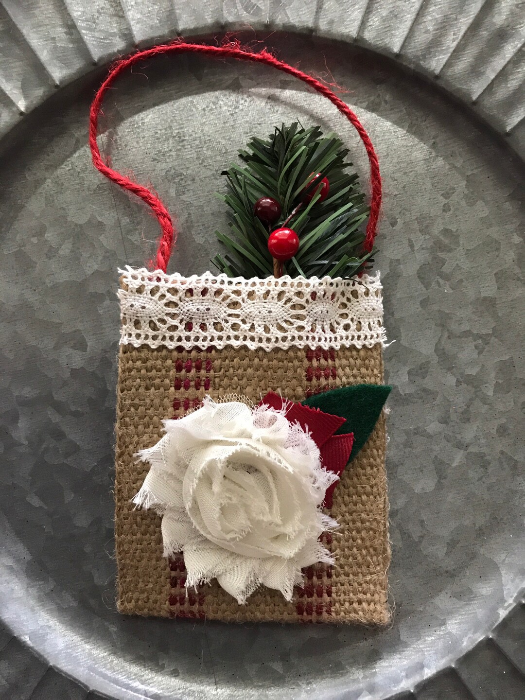 Christmas Ornament Gift Card Holder Tag Burlap Jute Lace Holiday