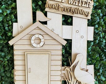 Fence DIY wood sign - Saltwater heals everything unfinished cut out door hanger wall decor craft supply sign kit blanks round wreath beach