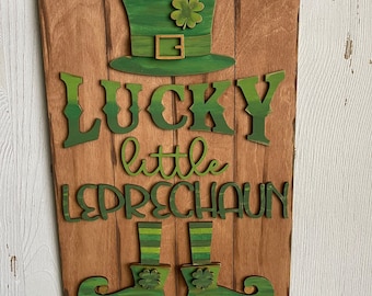 St. Patrick’s Day Lucky little Leprechaun distressed wood sign - green modern farmhouse tabletop shelf sitter