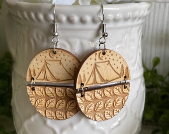 Camping earrings - Wood dangle statement hinge camper RV tent s’mores camp fire lake mountains hiking