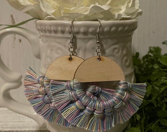 Pastel Fringe Earrings - dangle statement wood favor gift hoop boho handmade jewelry pink blue yellow