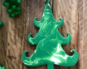 Christmas Tree Ornament tag - one of a kind paint poured green White gift favor