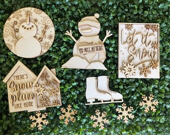 Winter Snow DIY wood sign - snowman skake tiered tray snowflakes home house unfinished cut out decor craft supply kit blanks wreath
