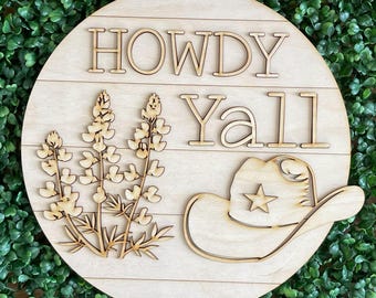 Texas Bluebonnets DIY wood sign - Howdy Y’all unfinished cut out door hanger wall decor craft supply sign kit blanks wreath sign cowboy hat