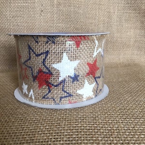 Blue Star Burlap Ribbon 2.5" x 15ft Wedding Decor Jute Wreath Spring Summer July 4th Hero Military Memorial day Red White