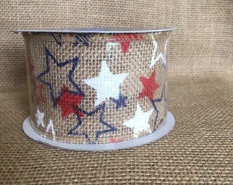 Blue Star Burlap Ribbon 2.5" x 15ft Wedding Decor Jute Wreath Spring Summer July 4th Hero Military Memorial day Red White