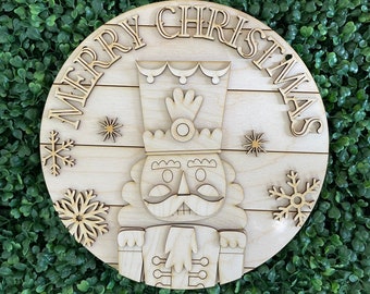 Christmas DIY wood sign - Merry Christmas Nutcracker unfinished cut out door hanger wall decor craft supply sign kit blanks round wreath