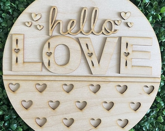 Valentine DIY wood sign - Hello Love XOXO unfinished cut out door hanger wall decor craft supply kit blanks round wreath sign