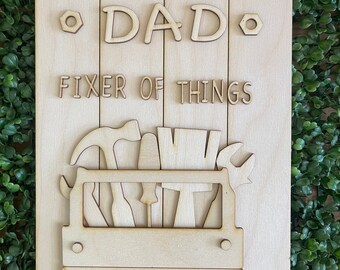 Father’s Day DIY wood sign - Dad Fixer of Things Workshop unfinished cut out door hanger wall decor craft supply sign kit blanks wreath sign