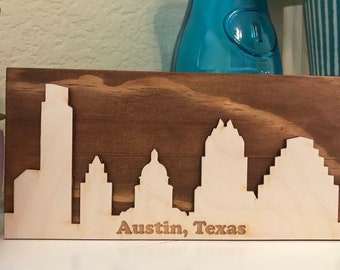 Austin Texas sign shelf sitter wood decor skyline home office farewell retirement housewarming