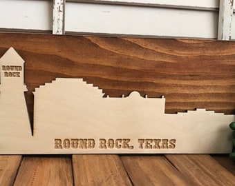 Round Rock Texas sign shelf sitter wood decor skyline home office farewell retirement housewarming