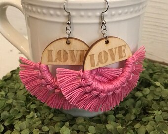 Love pink Fringe Earrings - dangle statement wood favor gift hoop boho love kisses valentine sexy