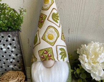 Avocado Toast Gnome - kitchen Green cream white shelf sitter vignette tiered tray centerpiece brown egg strawberries