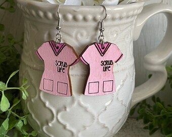 Nurse earrings - Wood dangle statement hand painted gift present friend favor scrubs pink medical office assistant coworker dentist vet
