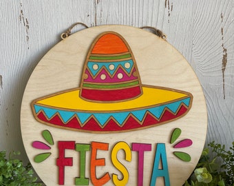 Fiesta wood sign - Finished hand painted door hanger wall decor round wreath sign party Hispanic