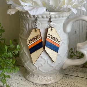 Cowboys earrings - orange white blue dangle statement wood USA America Patriotic handmade jewelry