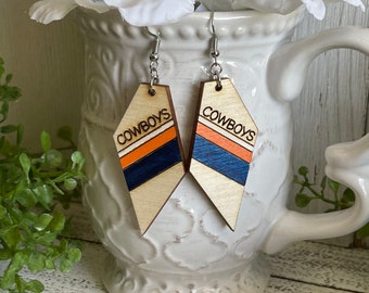 Cowboys earrings - orange white blue dangle statement wood USA America Patriotic handmade jewelry