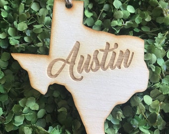 Austin Texas Tag Ornament - City hometown TX souvenir keepsake memory state 2020 wood laser engraved skyline welcome gift home