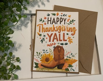 Thanksgiving Greeting Card - Blank note card Rustic Country Western Farmhouse Texan TX Longhorn Y’all love from Texas