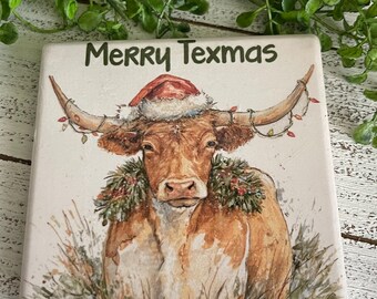 Texas Longhorn Coaster - Christmas Santa Hat home decor Texas pride farmhouse country western desk shelf sitter Merry Texmas