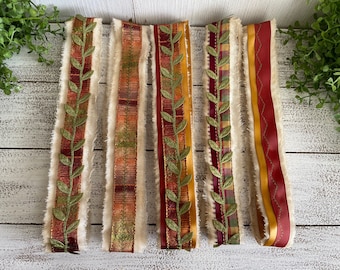 Fabric Fiber Ribbon - Fall colors  Autumn shabby chic mixed media embellishment craft supply gift yellow green muslin trim ephemera