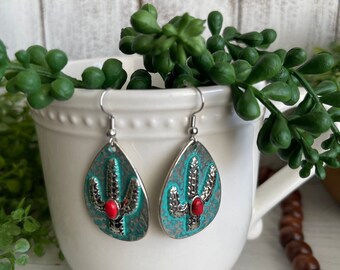 Cactus Earrings - turquoise dangle statement favor lightweight