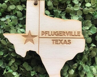 Pflugerville Texas Tag Ornament - City hometown TX souvenir keepsake memory state 2022 wood laser engraved welcome gift home