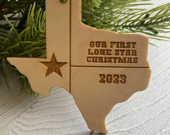 Texas Tag Ornament - Our first Lone Star Christmas State City hometown TX souvenir keepsake memory state wood laser welcome gift 2024