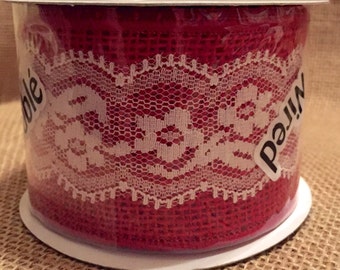 Red Burlap with white lace Ribbon 2.5" x 9 ft valentine love