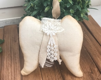 Angel wings fabric handmade - cream off white remembrance memorial shabby vintage tiered tray vignette
