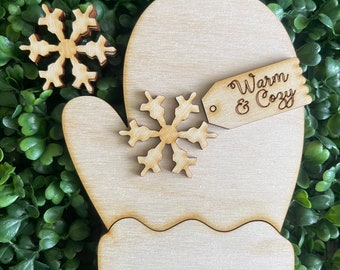 DIY Mitten Shelf Sitter - Winter cold tiered tray vignette wood sign whimsy gloves hat snow