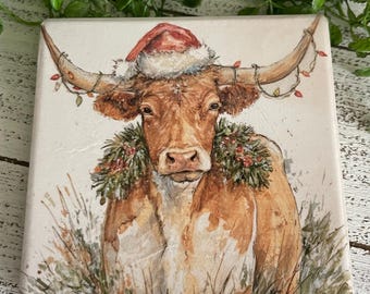 Longhorn Coaster - Christmas Santa Hat home decor Texas pride farmhouse country western desk shelf sitter