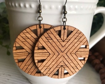 Quilt earrings oak stain - dangle statement wood natural boho minimalist country rustic