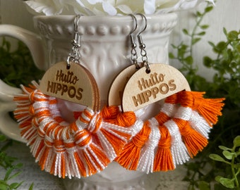 Hippos earrings fringe - Hutto Texas dangle statement fringe wood orange white