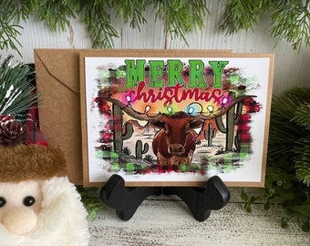 Texas Greeting Card - Blank note card Lone Star State Texan TX Longhorn Love Santa hat Christmas lights