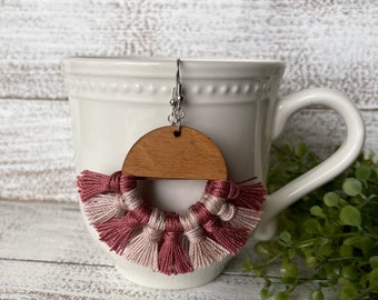 Antique Rose and Pink Fringe Earrings - dangle statement wood favor gift hoop boho minimalist