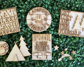 Camping Tiered Tray DIY wood sign - unfinished cut out door hanger wall decor craft supply sign kit blanks wreath sign tent RV campfire
