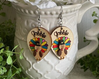 Thanksgiving Turkey Gobble earrings - Wood dangle statement hand painted funny playful gift accessories decor