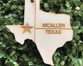 Mc Allen Texas Tag Ornament - City hometown TX souvenir keepsake memory state 2022 wood laser engraved welcome gift home