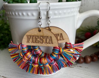 Fiesta Fringe Earrings - dangle statement wood favor gift hoop boho wine handmade jewelry
