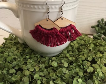 Fringe Earrings - dangle statement wood favor gift hoop boho