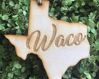 Waco Texas Tag Ornament - City hometown TX souvenir keepsake memory state 2020 wood laser engraved skyline welcome gift home