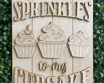 Valentine DIY wood sign - Cupcake sprinkles unfinished cut out door hanger wall decor craft supply kit blanks wreath sign
