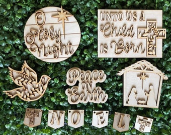 Christmas DIY wood tiered tray set- Religious manger faith unfinished cut out hanger wall decor craft supply sign kit blanks wreath sign